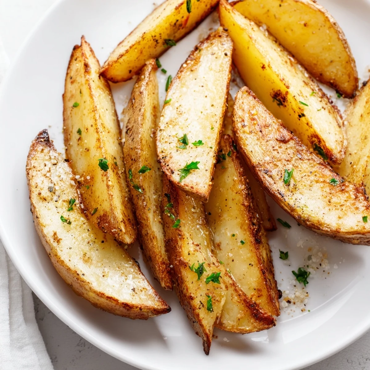 Seasoned Potato Wedges on parchment, oven-baked, ready with ketchup.  