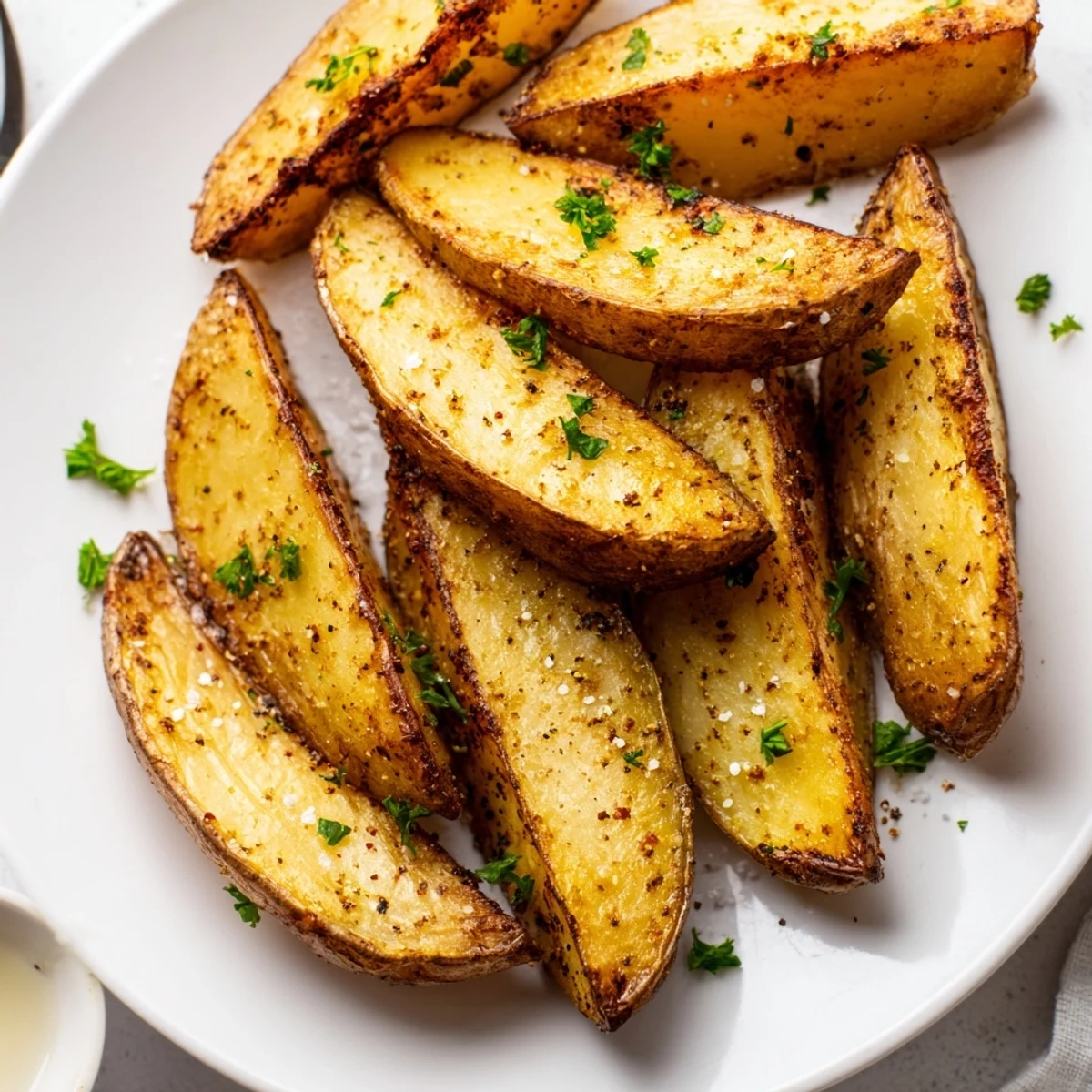 Herbed Potato Wedges, paprika and garlic-scented, served hot beside aioli.