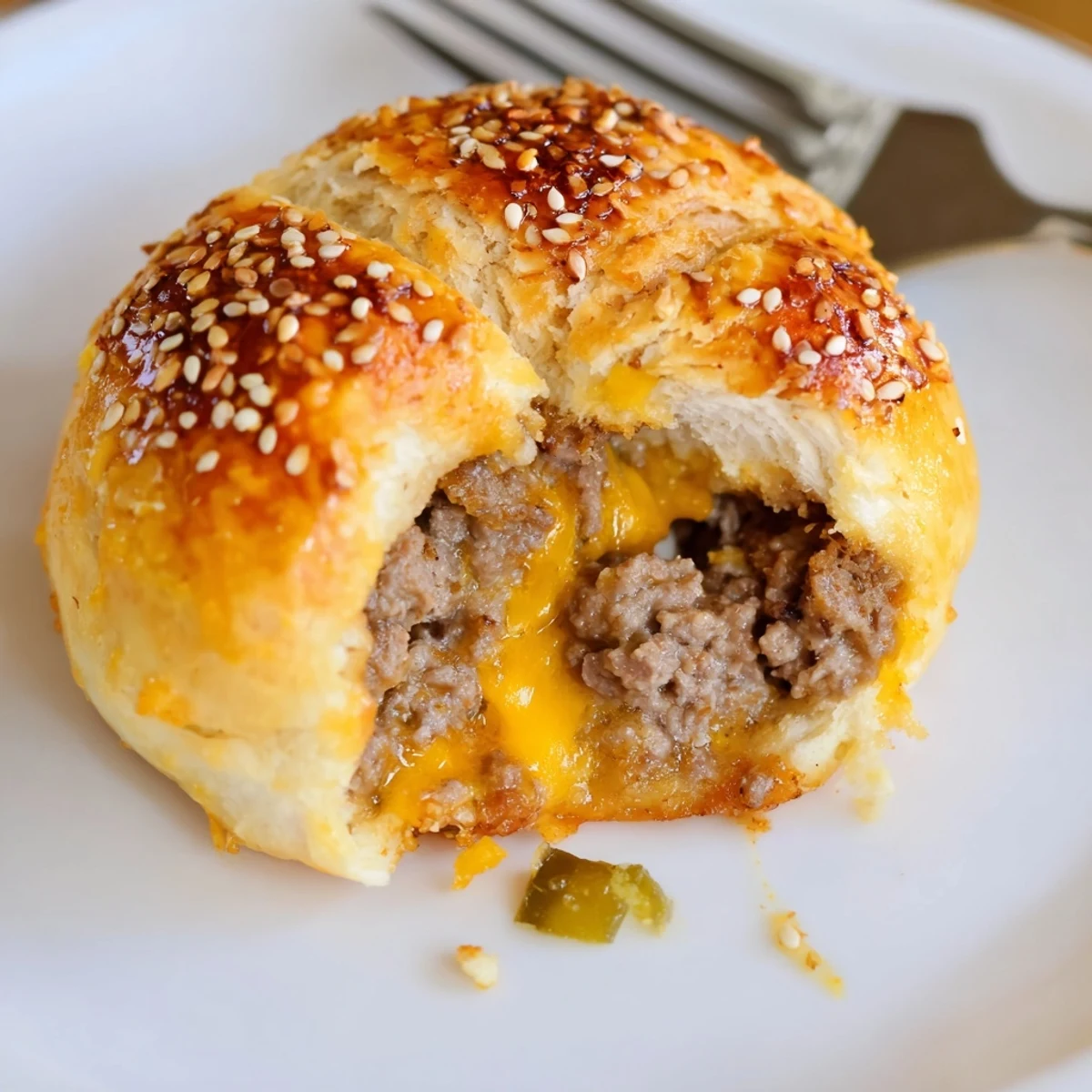 Cheesy Cheeseburger Bombs bursting with gooey cheddar, golden biscuit crust, dipping sauces.
