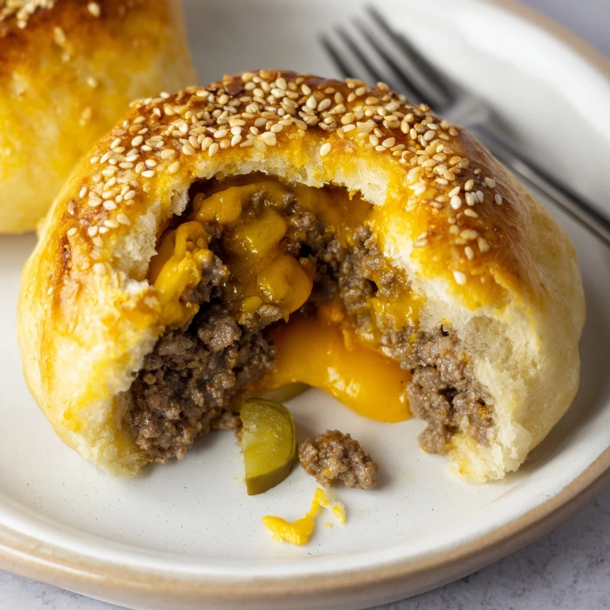 Fresh-baked Cheesy Cheeseburger Bombs on parchment, steaming, sesame-topped, ready for ketchup.