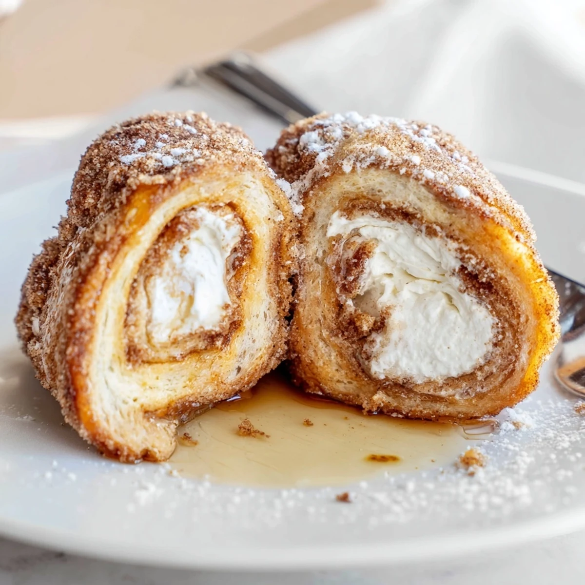 Buttered skillet browning Cinnamon Roll French Toast Roll Ups, served hot with maple syrup
