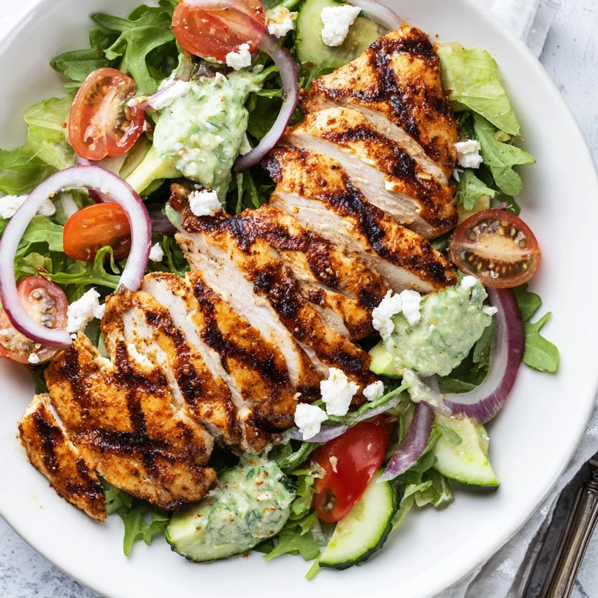 Grilled Chicken Salad with avocado herb dressing, sliced warm chicken over greens.