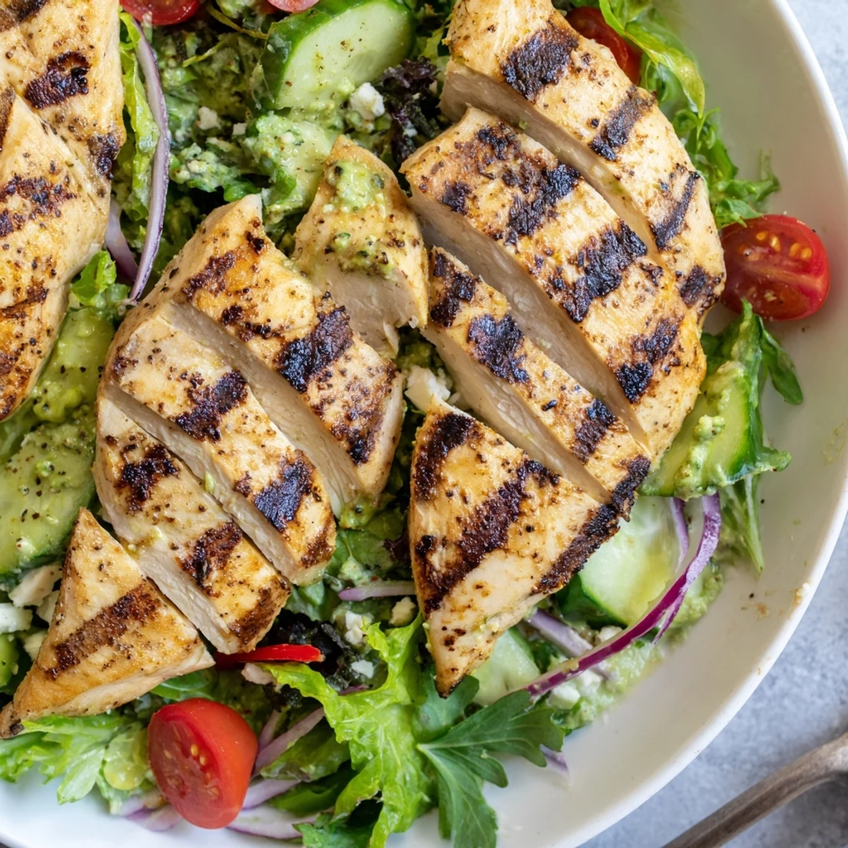 Citrusy Grilled Chicken Salad and creamy avocado herb dressing, served with lime.