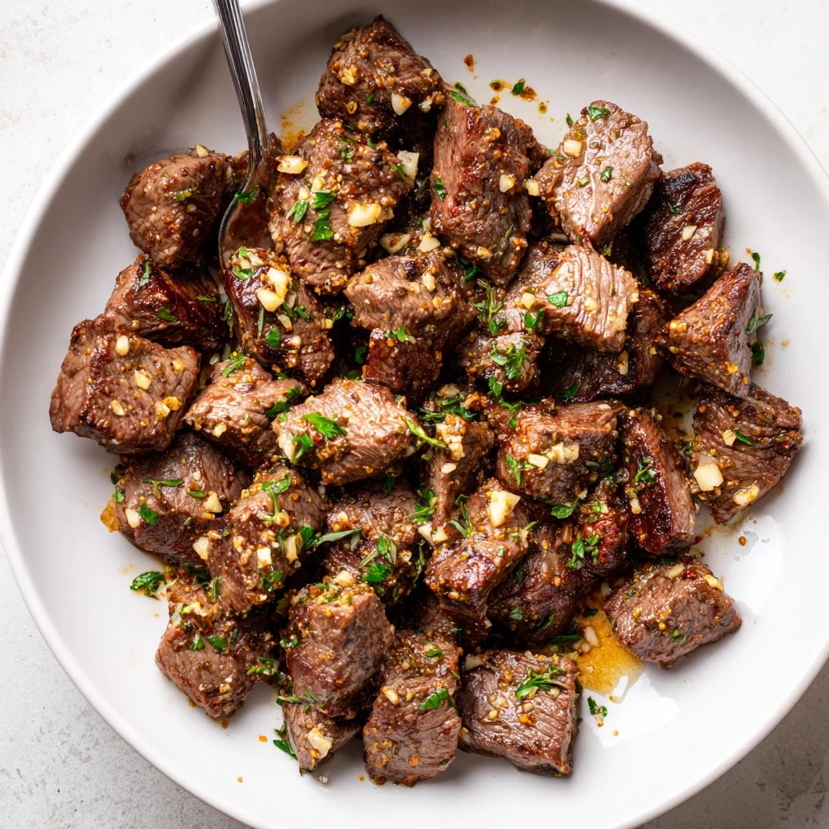 Sizzling Garlic Butter Steak Bites in cast-iron, browned crust and glossy butter  