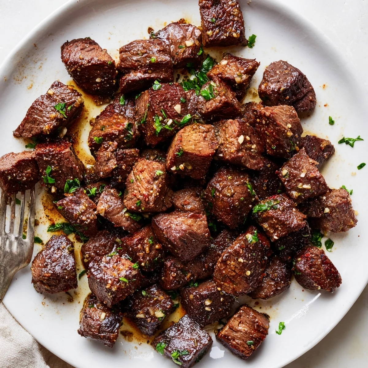 Pan-seared Garlic Butter Steak Bites tossed with parsley, served with crusty bread  