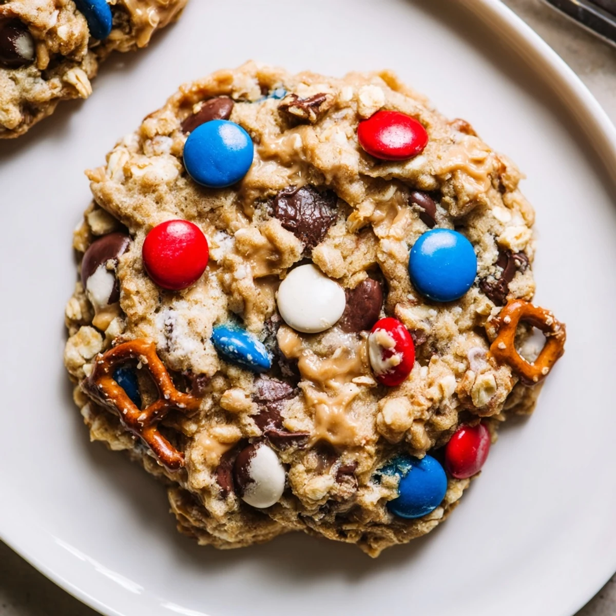 Patriotic Monster Cookies Recipe: chewy oat cookies studded with red, white, blue candies
