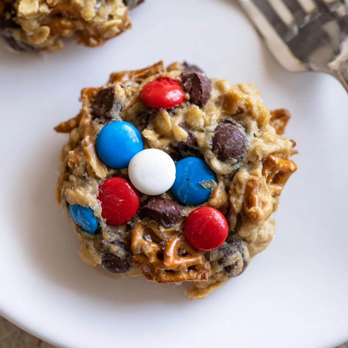 Fresh-baked Patriotic Monster Cookies Recipe cooling on rack, peanut butter aroma wafting