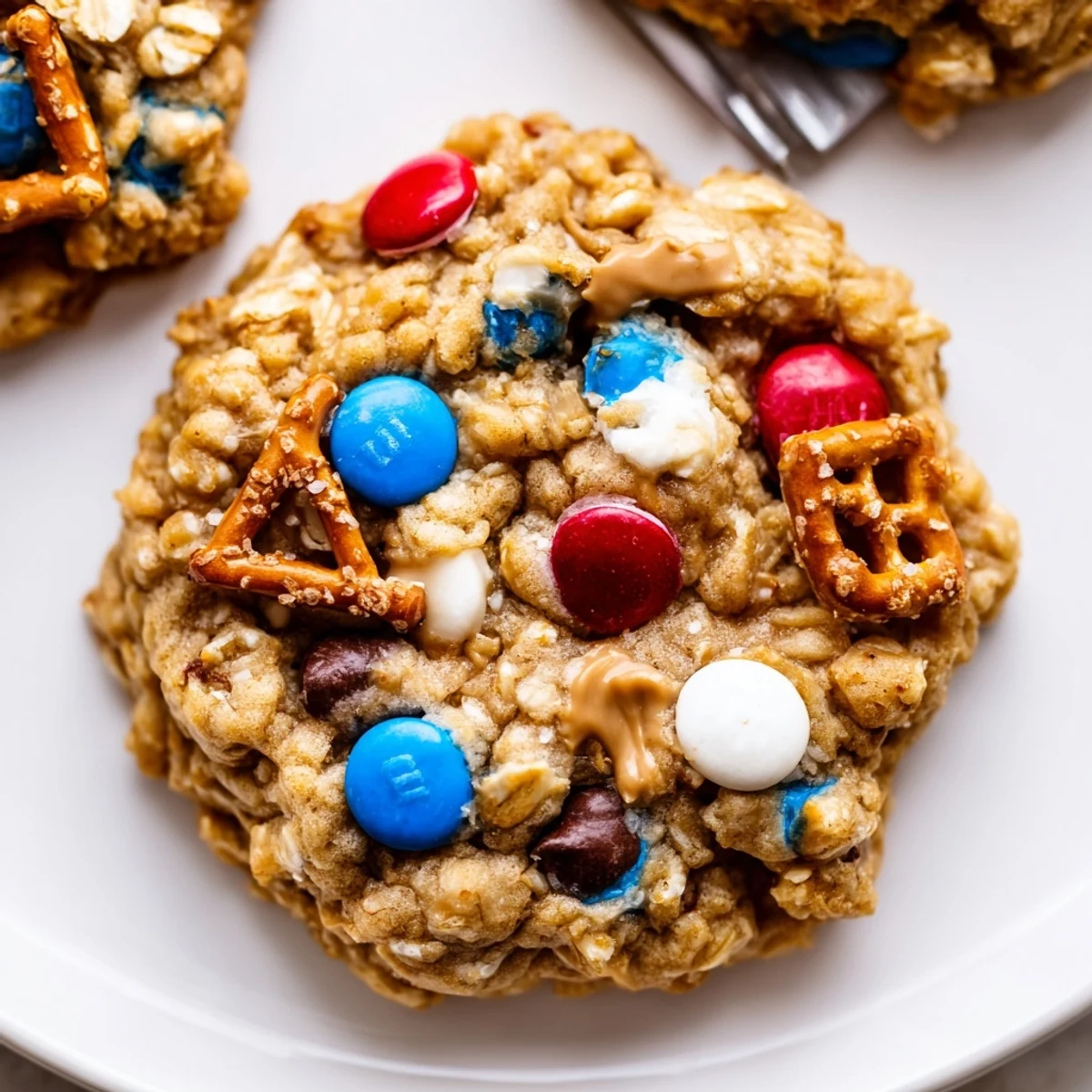 A plate of warm Patriotic Monster Cookies Recipe beside a cold glass of milk