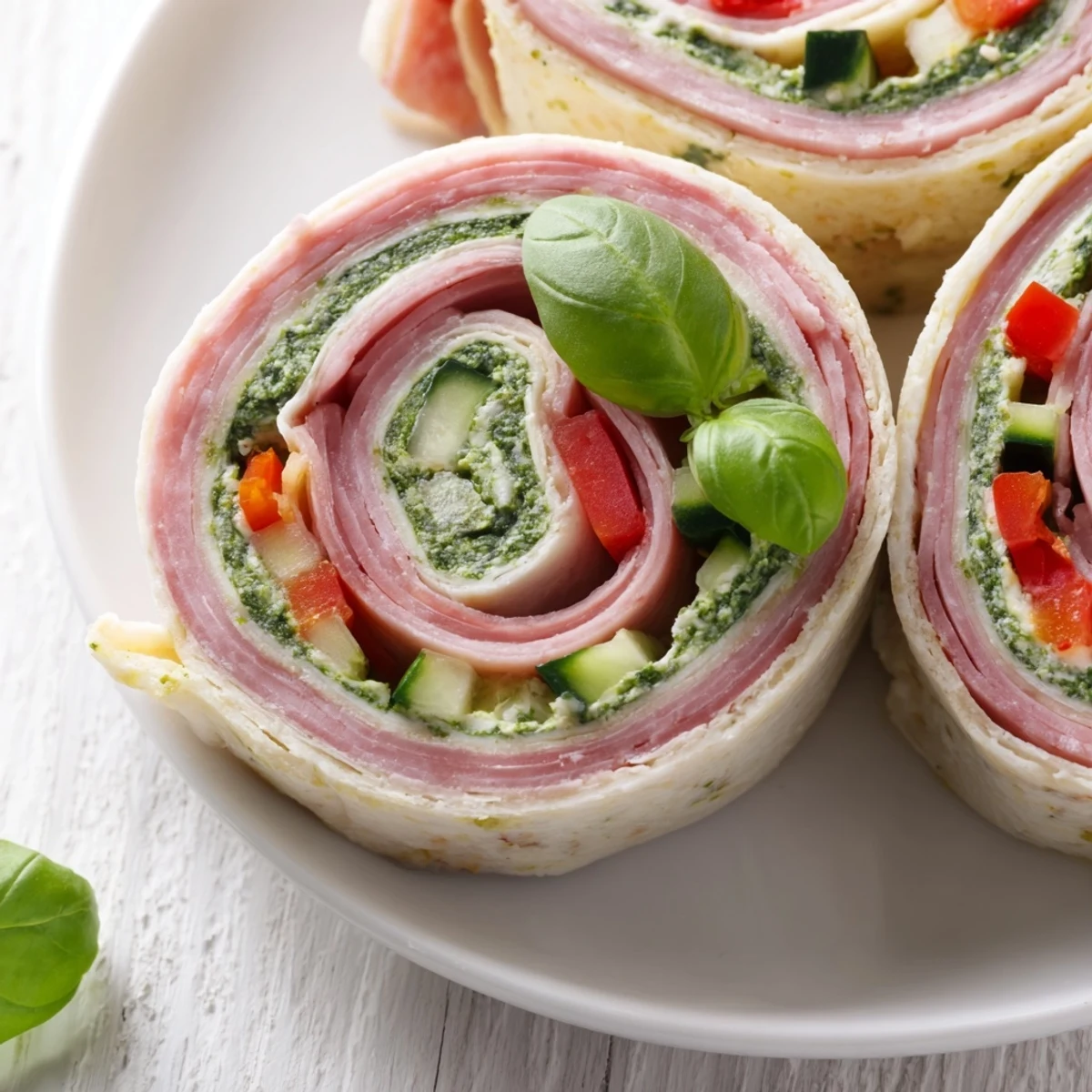 Chilled Italian Pinwheel Sandwiches sliced bite sized, crisp cucumber and basil garnish  