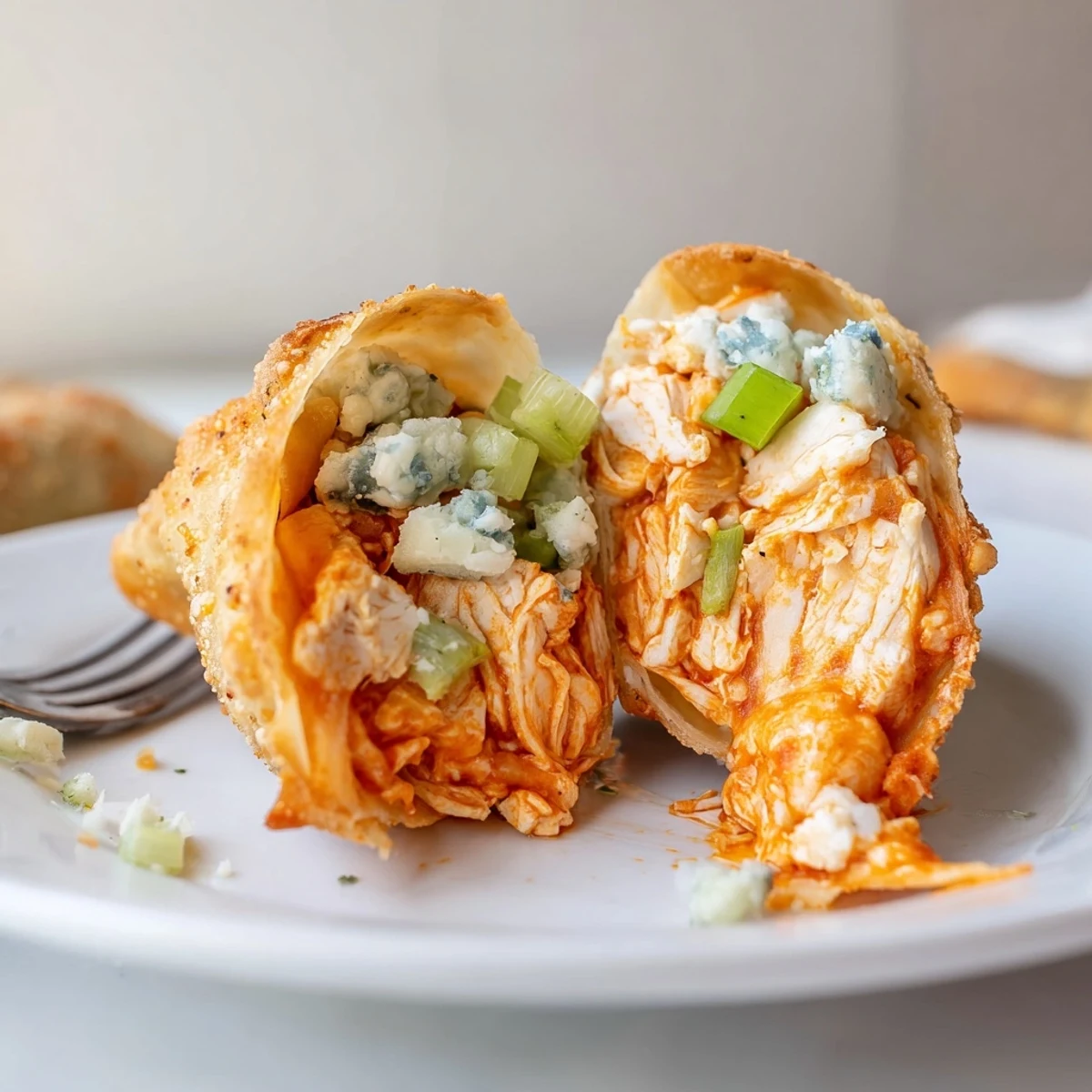 Crispy golden Buffalo Chicken Egg Rolls with gooey cheese, ranch for dipping