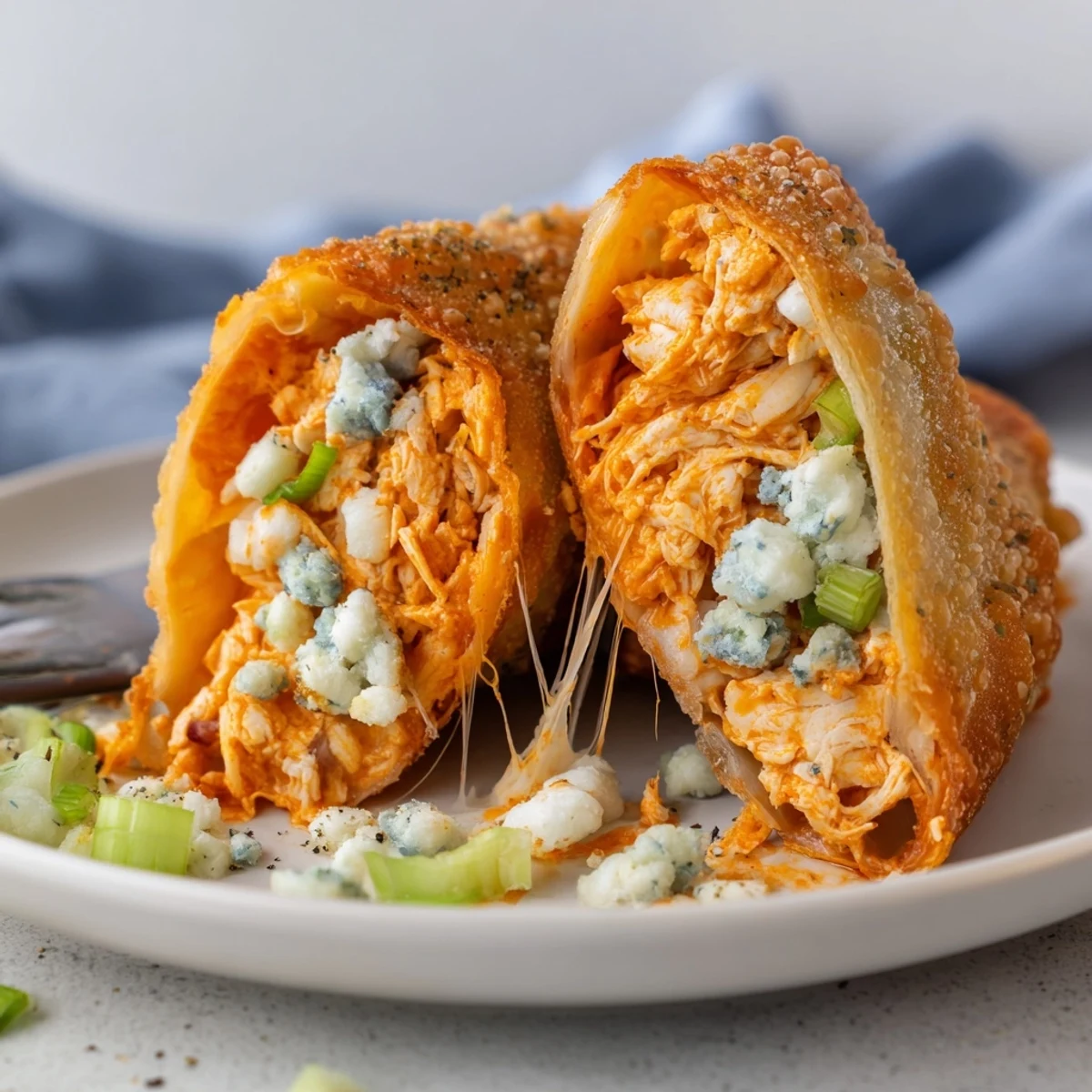 Fried Buffalo Chicken Egg Rolls, crunchy exterior and spicy shredded chicken inside
