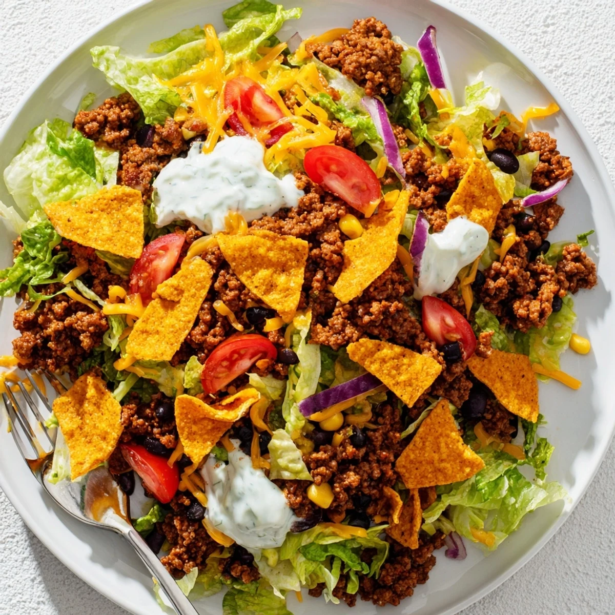 Simple Doritos Taco Salad tossed tableside, warm seasoned beef, cool creamy ranch
