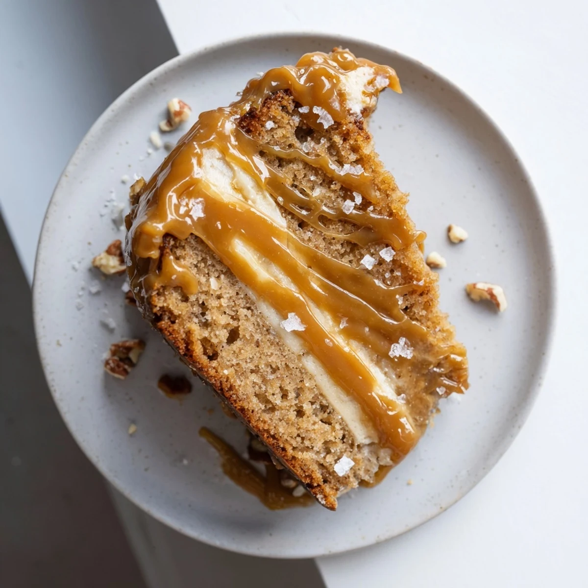 Salted Caramel Brown Butter Banana Cake sliced, glossy caramel drizzle, flaky sea salt