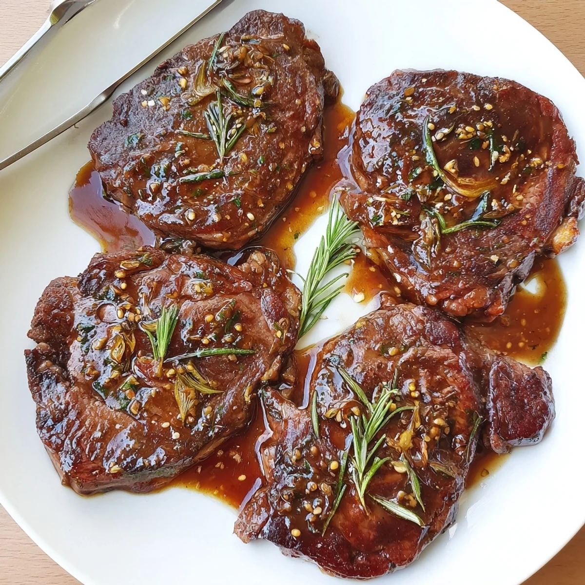 Steak Marinade glistening on raw ribeyes, garlicky aroma and herb flecks