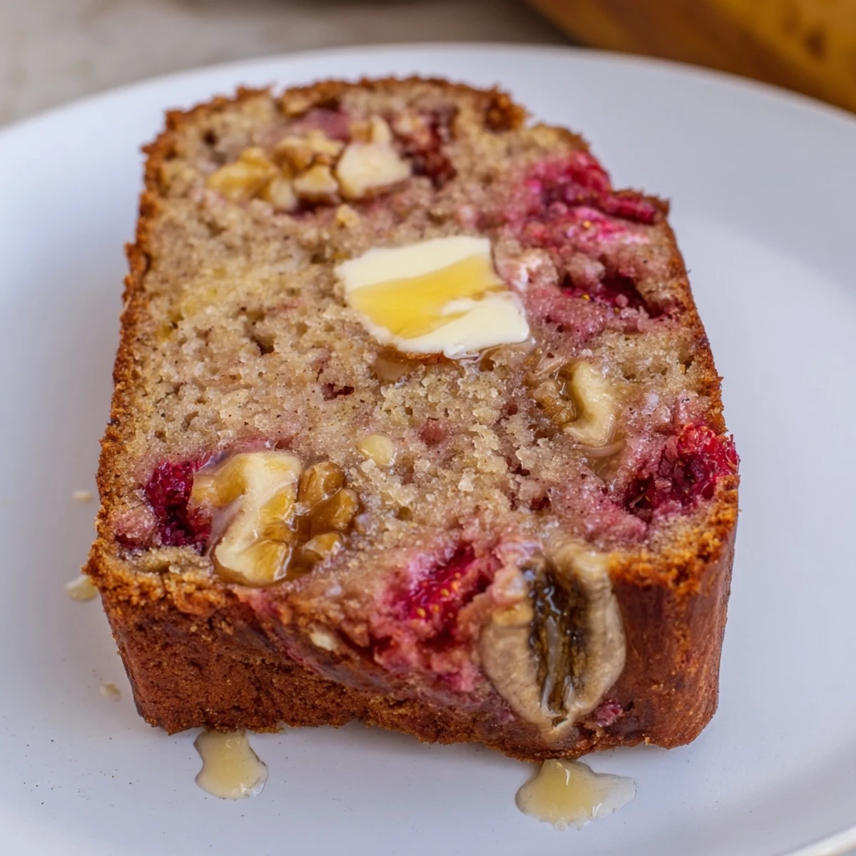 Golden-crusted Strawberry Banana Bread Recipe studded with diced strawberries, butter melting