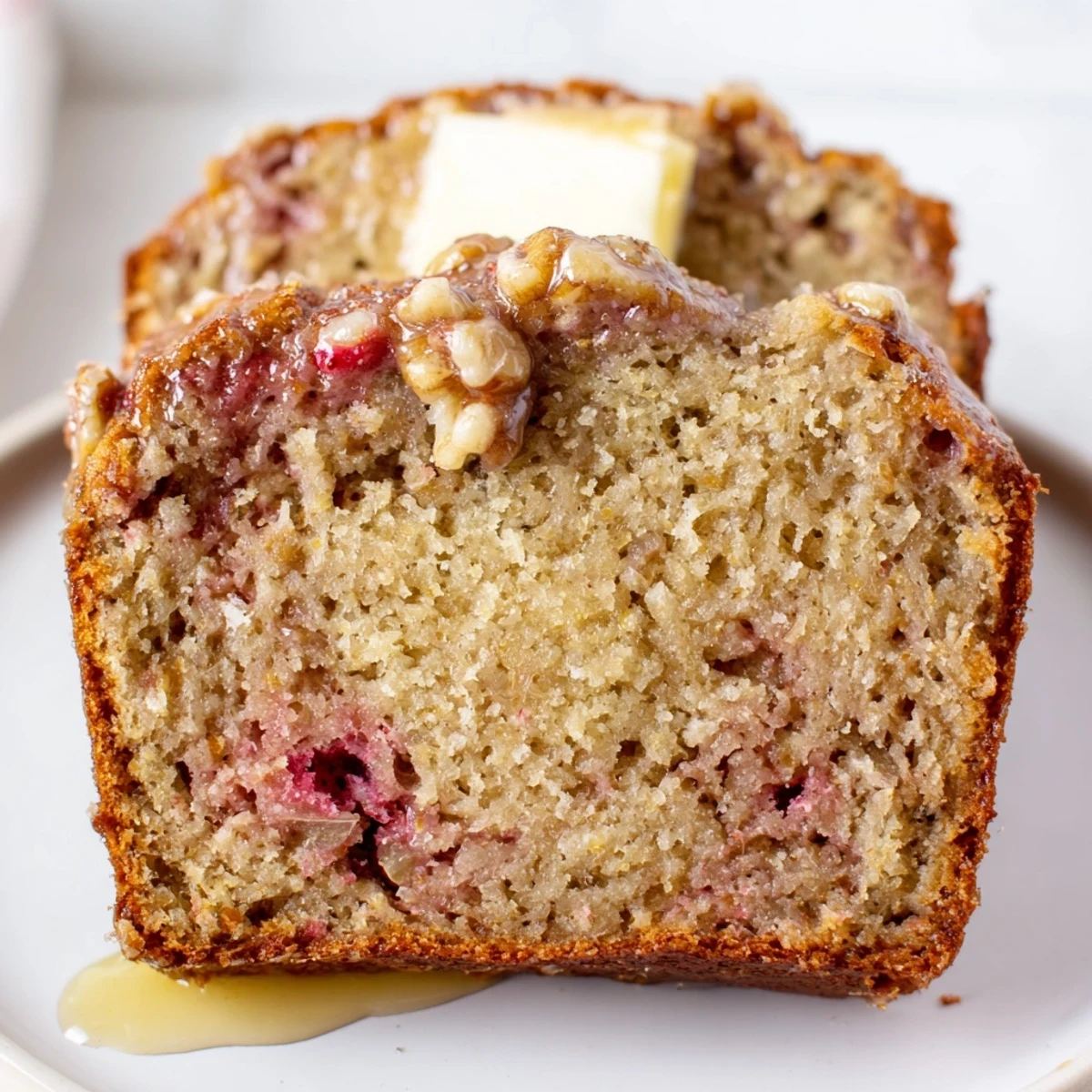 Homestyle Strawberry Banana Bread Recipe served warm with honey drizzle, nutty crumbs