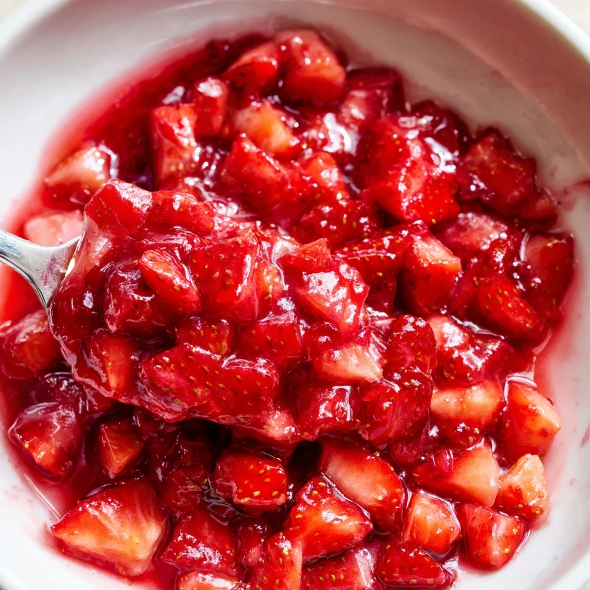 Strawberry cake filling recipe simmering in saucepan, releasing sweet-tart berry fragrance  
