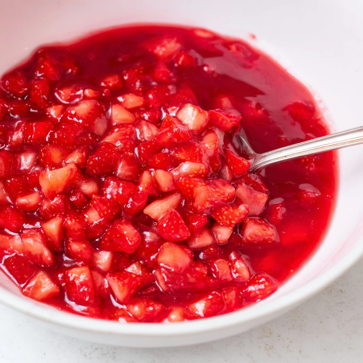 Spoonful of strawberry cake filling recipe between cake layers, glossy and vibrant  