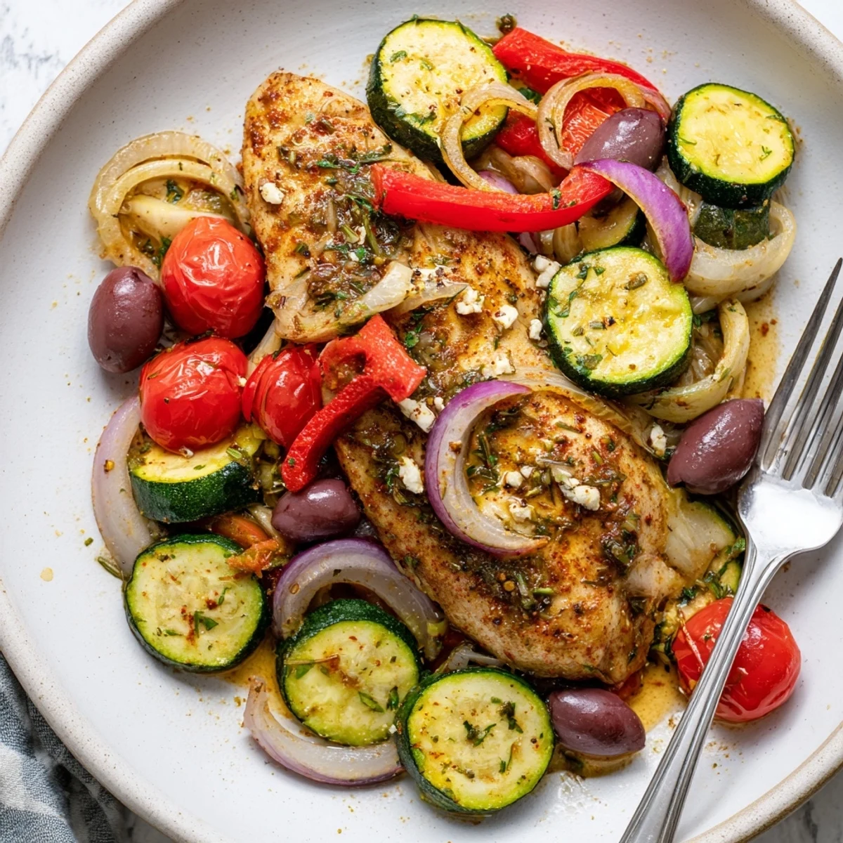 Warm Sheet Pan Mediterranean Chicken Zucchini served straight from oven with crumbled feta