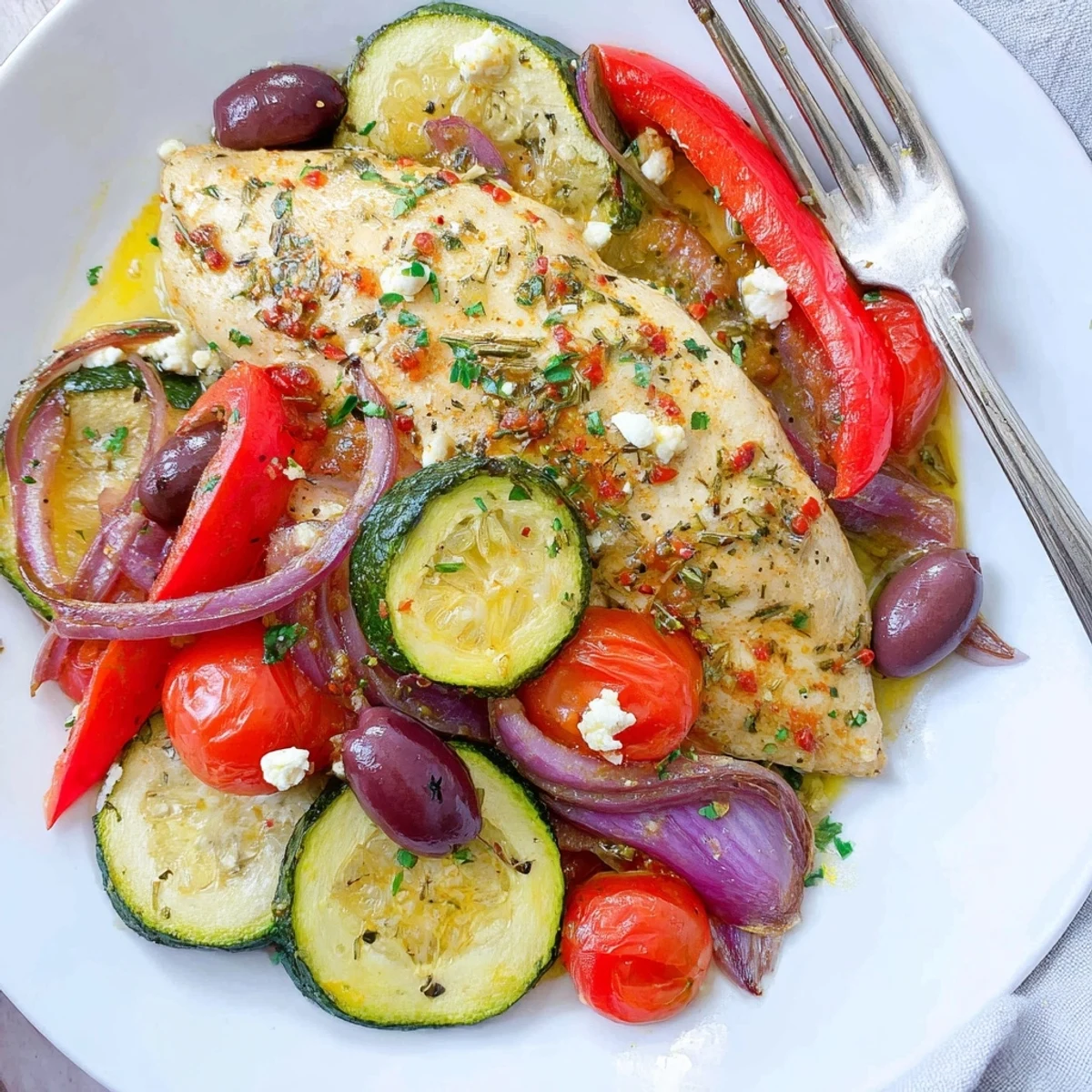 Sheet Pan Mediterranean Chicken Zucchini sizzling with golden slices and roasted cherry tomatoes