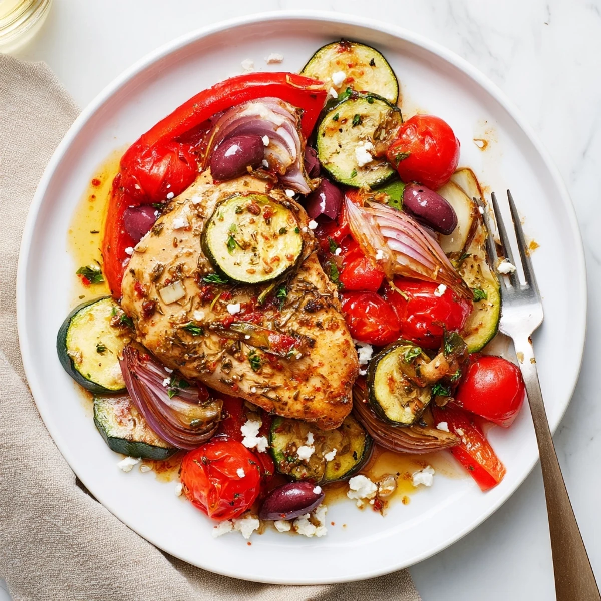 Bright Sheet Pan Mediterranean Chicken Zucchini fragrant with lemon, oregano, olives, and parsley