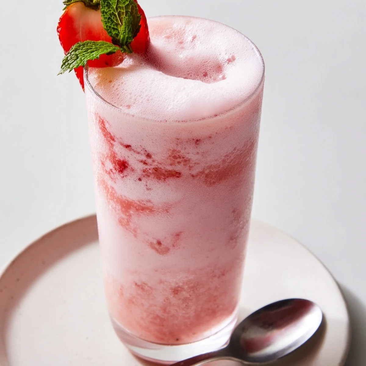 Frothy pink refreshment, Strawberry Coconut Cooler Recipe garnished with mint and strawberry