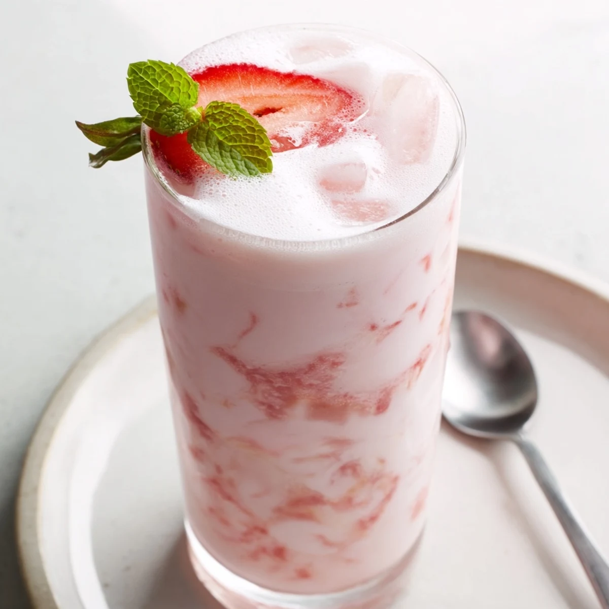 Strawberry Coconut Cooler Recipe poured over crushed ice, fragrant coconut and strawberry