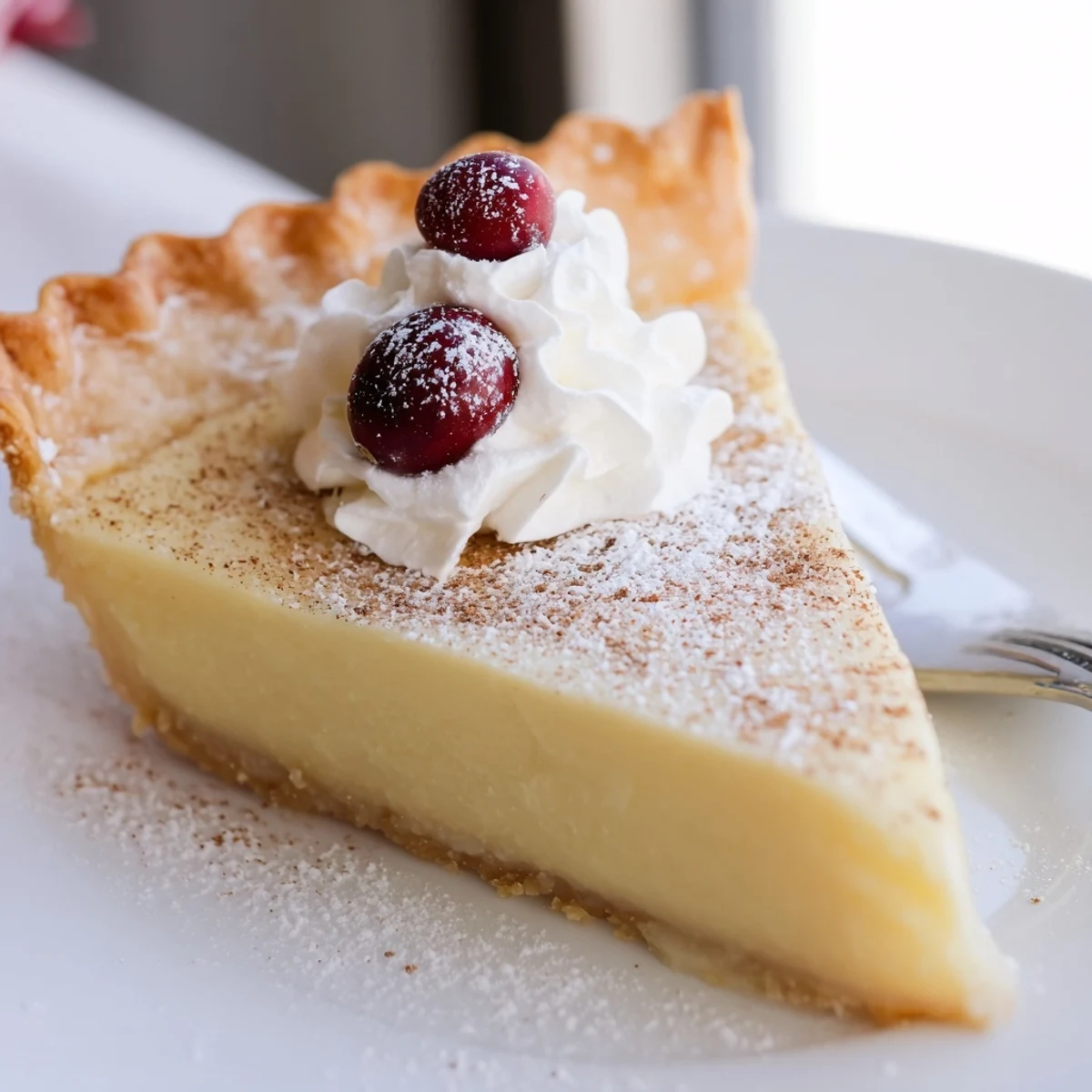 Sliced Christmas Eve Custard Pie With Cinnamon Vanilla on wire rack, dusted