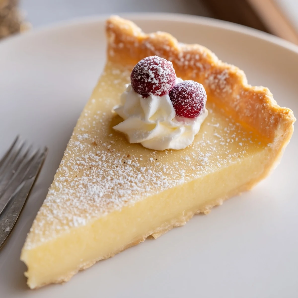 Warm Christmas Eve Custard Pie With Cinnamon Vanilla served with whipped cream