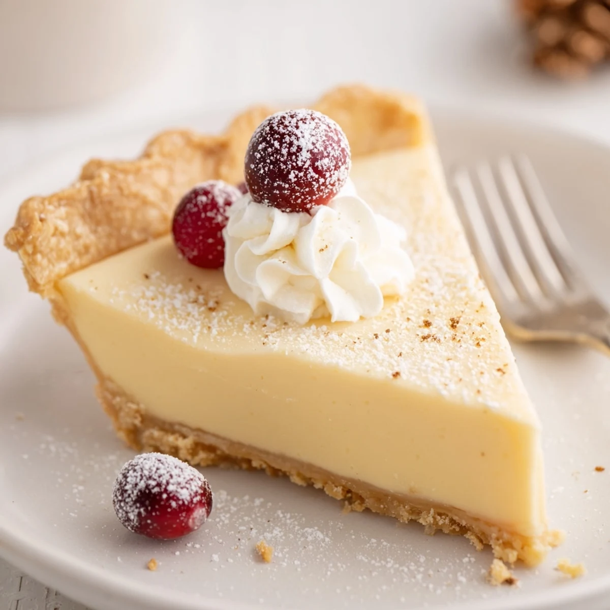 Close-up glossy Christmas Eve Custard Pie With Cinnamon Vanilla, golden set center