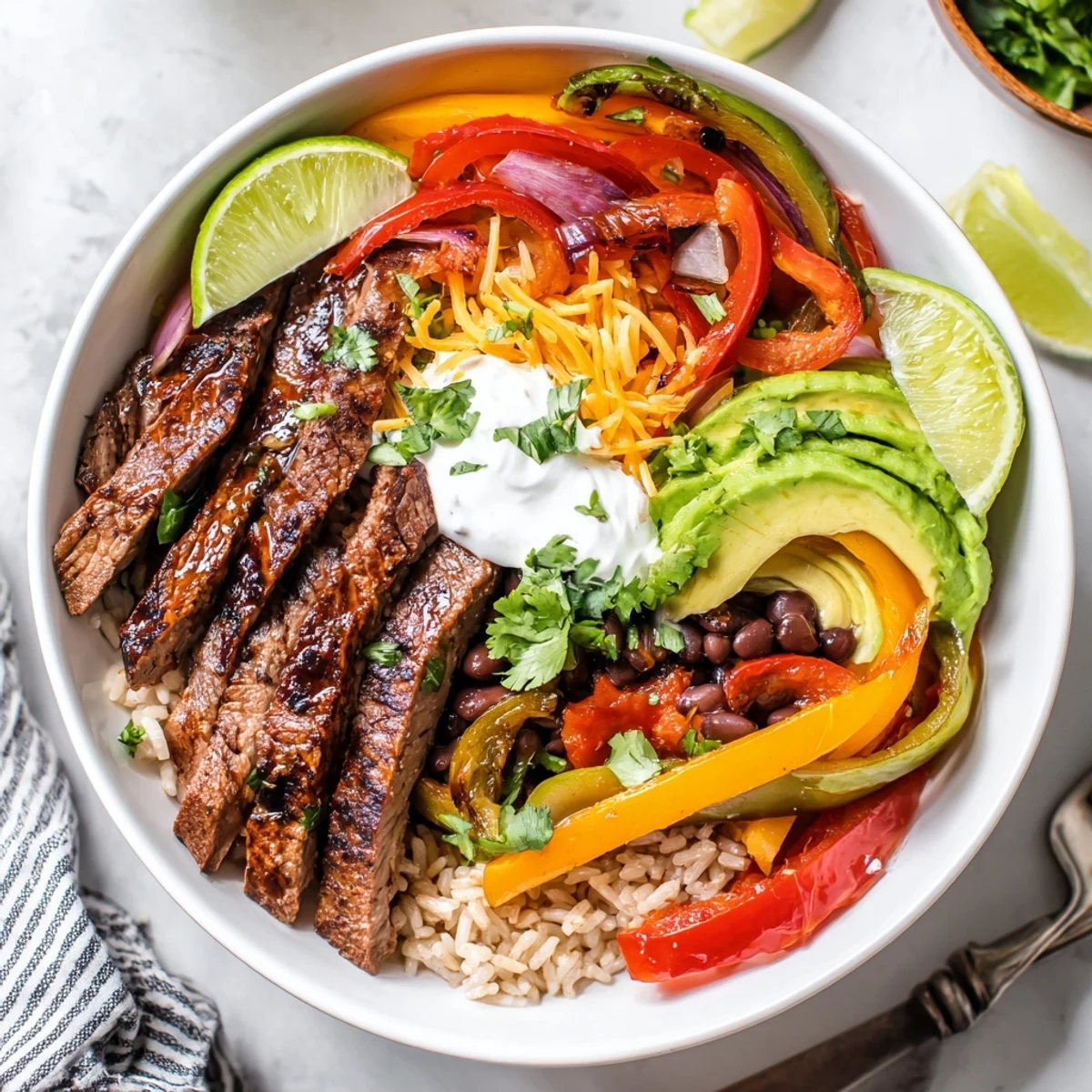 Steak Fajita Power Bowls with sizzling marinated steak, peppers, avocado slices