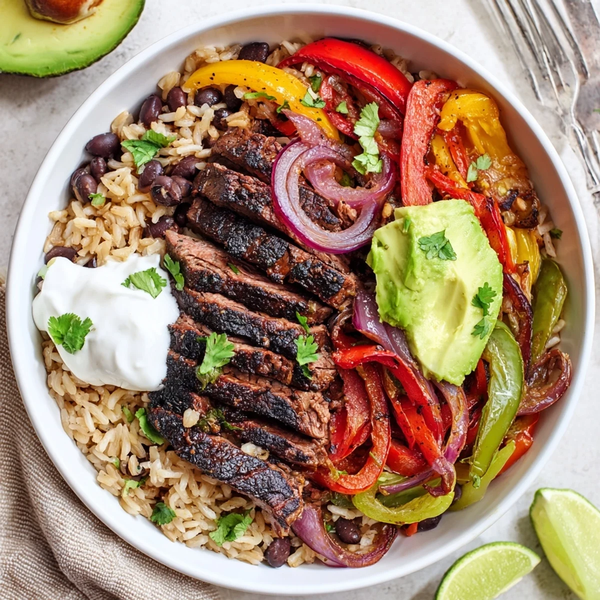 Colorful Steak Fajita Power Bowls served warm over brown rice with lime