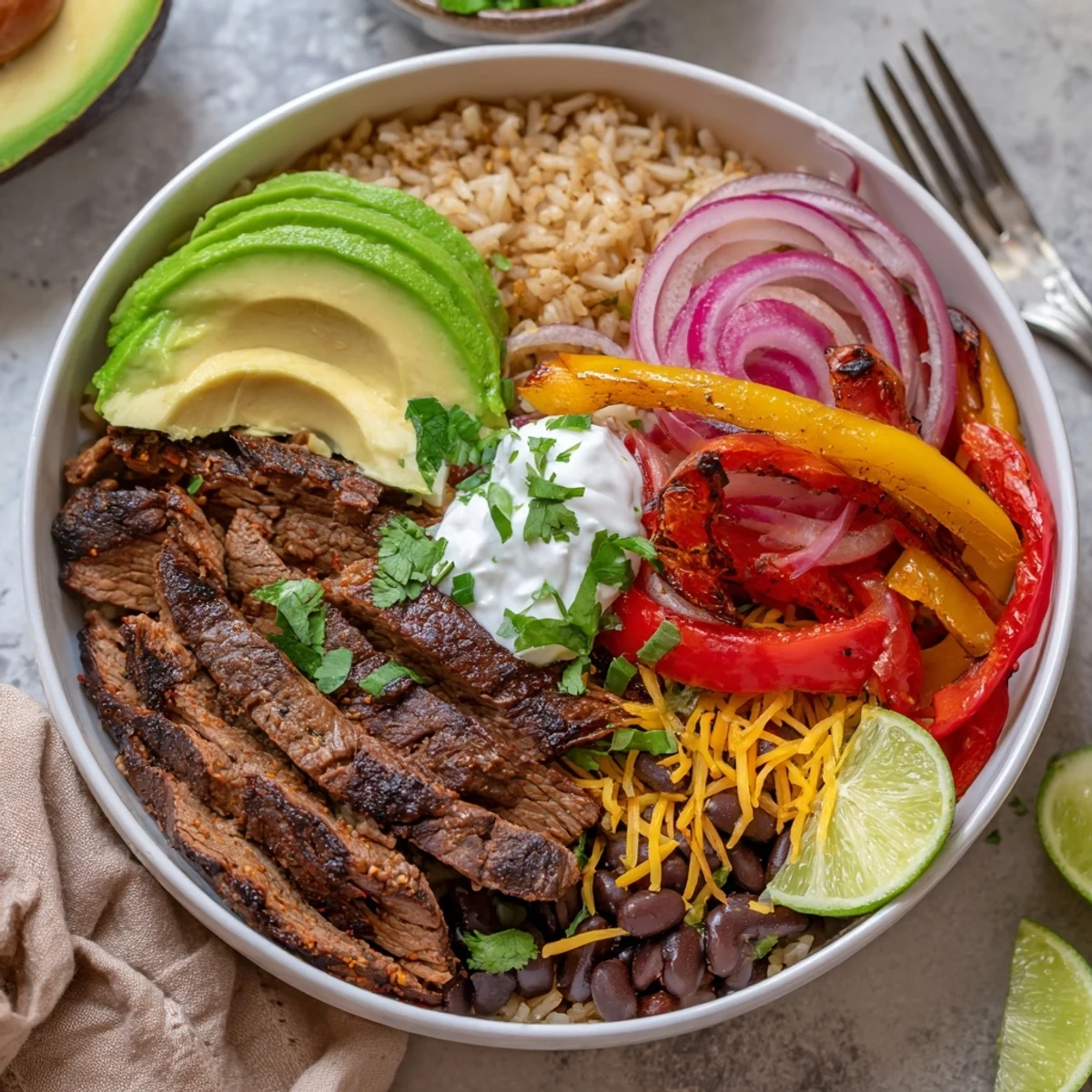 Hearty Steak Fajita Power Bowls topped with melted cheddar, cilantro, lime wedge