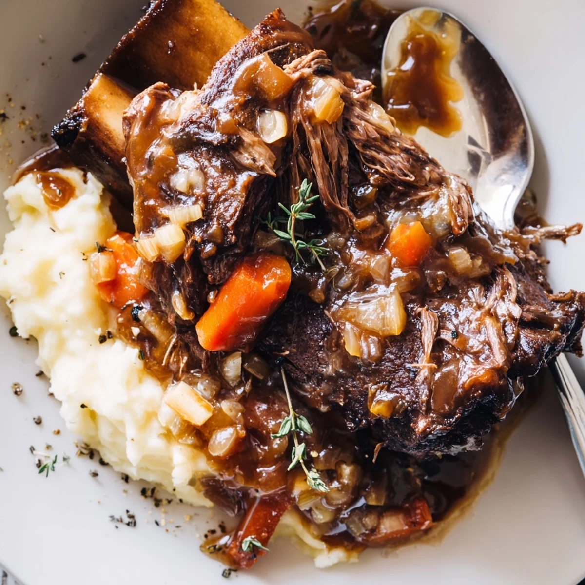 Slow Cooker Beef Short Ribs glistening in rich sauce over mashed potatoes
