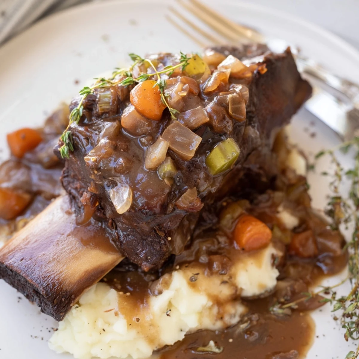 Hearty Slow Cooker Beef Short Ribs bathing in glossy red-wine sauce with bread