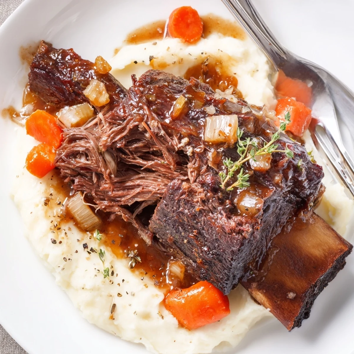A bowl of Slow Cooker Beef Short Ribs, fall-off-the-bone, with carrots