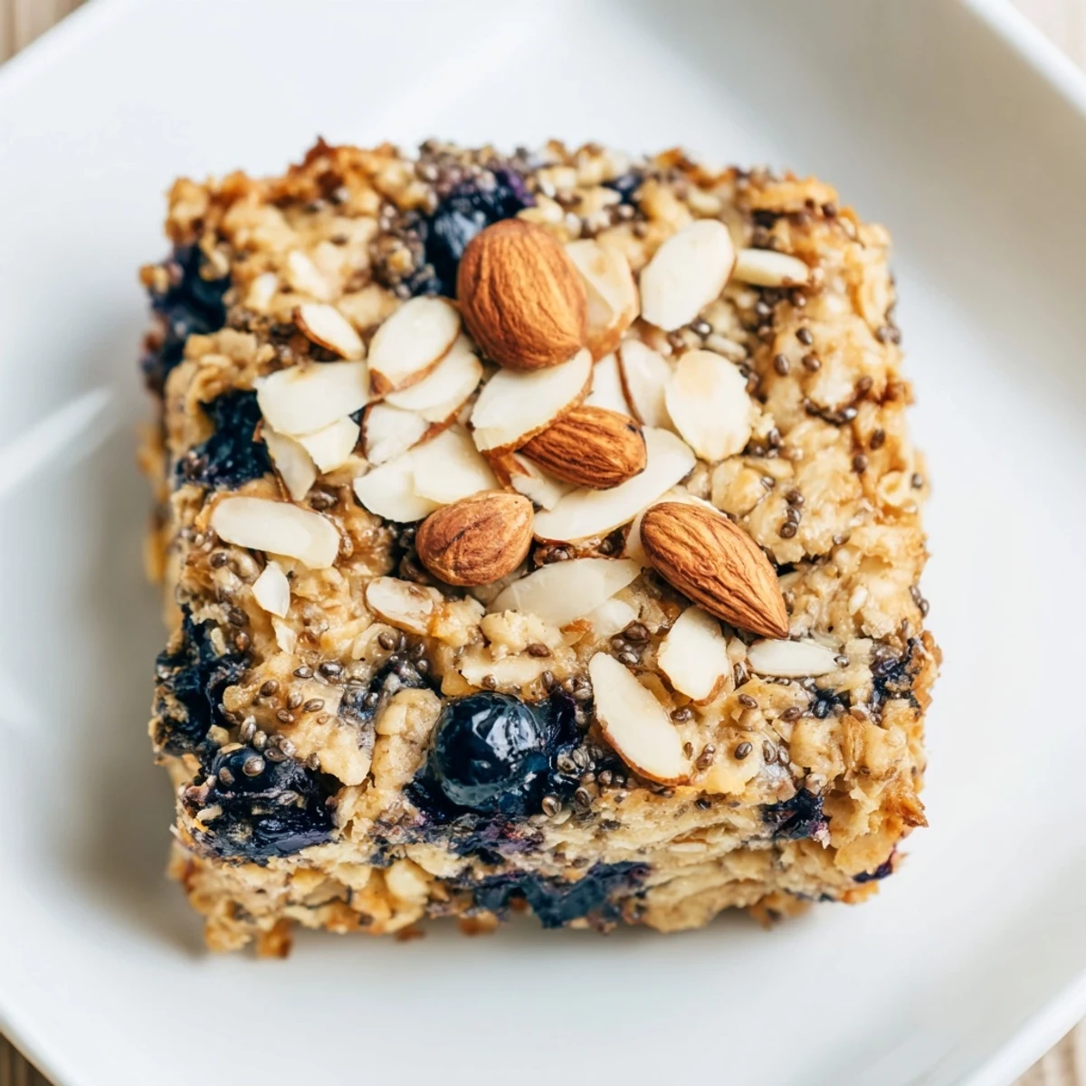 Golden high protein lemon blueberry breakfast bake topped with almonds and chia seeds