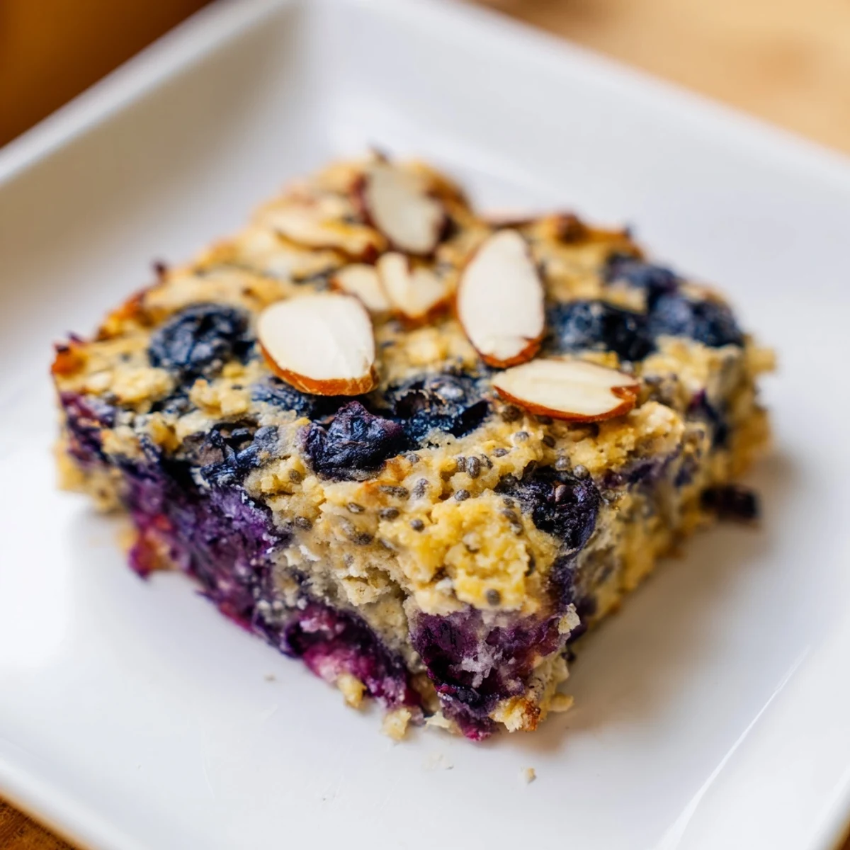 Slice of protein-packed lemon blueberry breakfast bake studded with juicy berries and zest