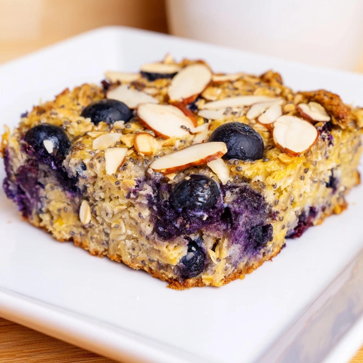 Baked oatmeal casserole with tangy lemon and sweet blueberries on a white plate