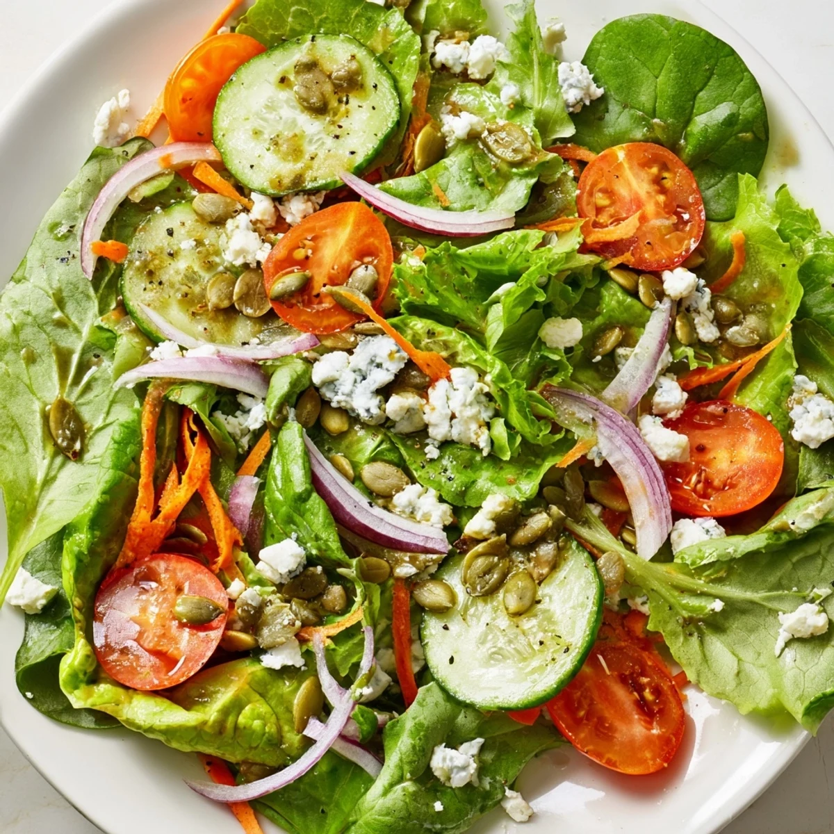 Fresh garden salad with mixed greens, cherry tomatoes, cucumber, and light vinaigrette in white bowl