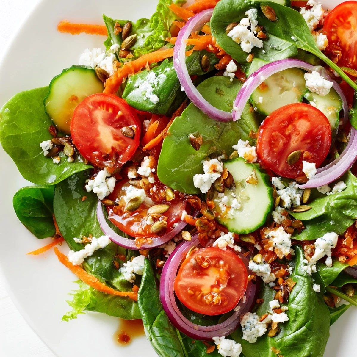 Colorful garden salad featuring crisp vegetables, shredded carrot, and red onion slices tossed tangy dressing