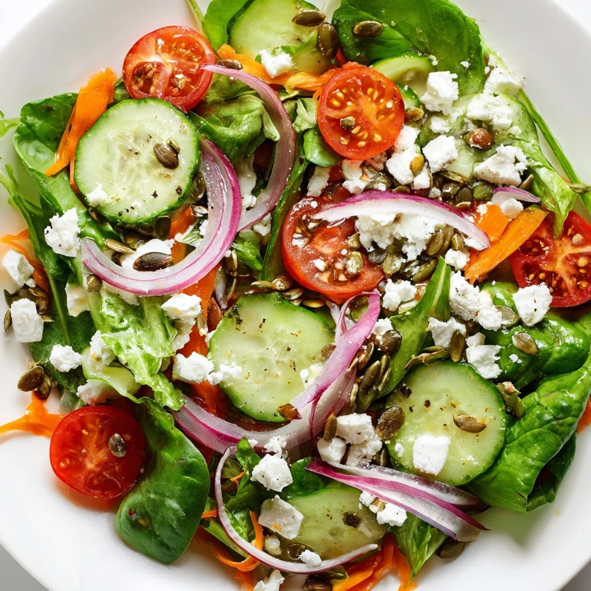 Vibrant garden salad bowl with bell pepper, cucumber, tomatoes, and optional feta cheese topping