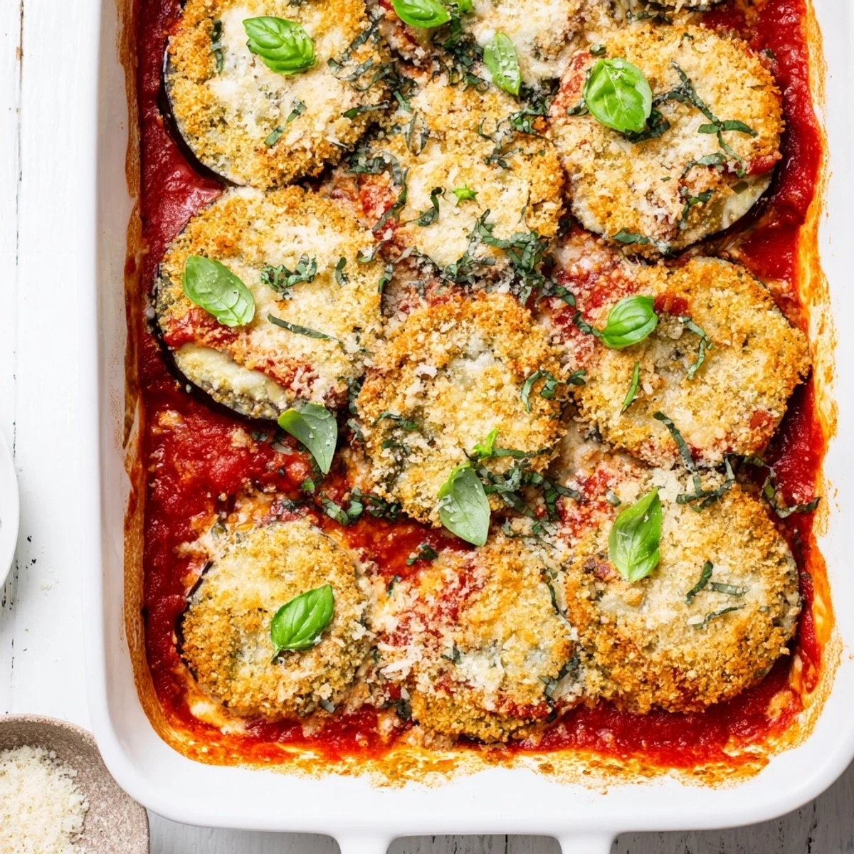 Crispy breaded eggplant parmesan slices stacked high with gooey cheese and fresh basil garnish on a white serving plate