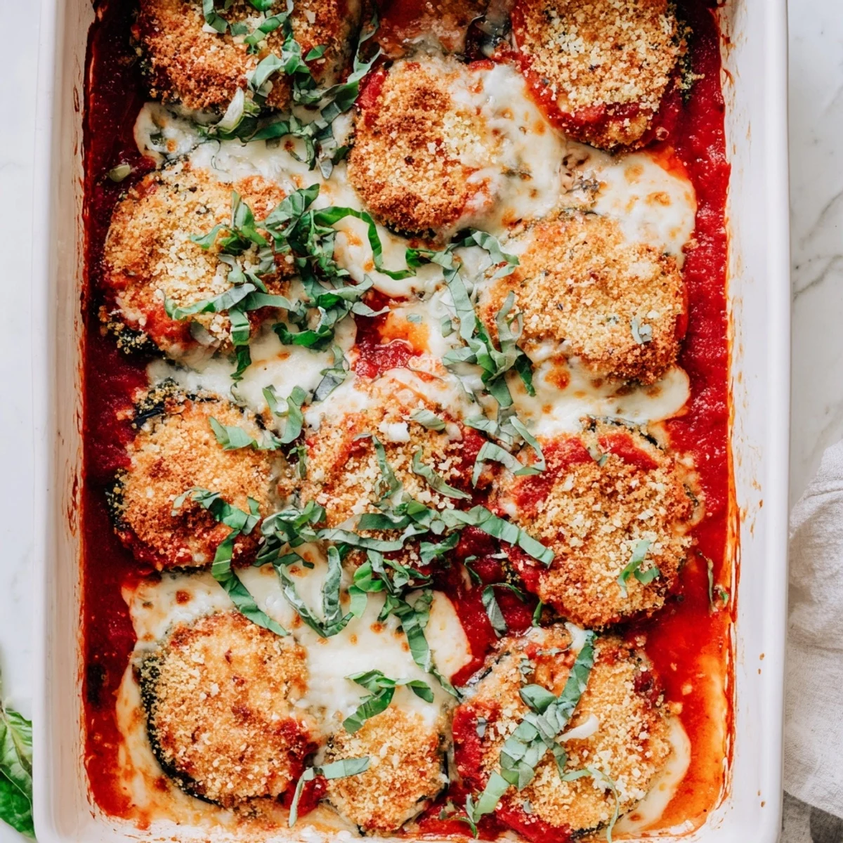 Golden baked eggplant parmesan with layers of melted mozzarella and rich marinara sauce bubbling in a rectangular baking dish