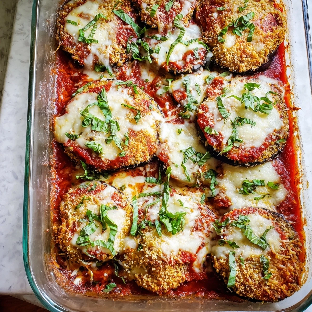 Homemade Italian-style baked eggplant parmesan casserole featuring golden brown eggplant rounds topped with stretchy melted cheese and vibrant red sauce