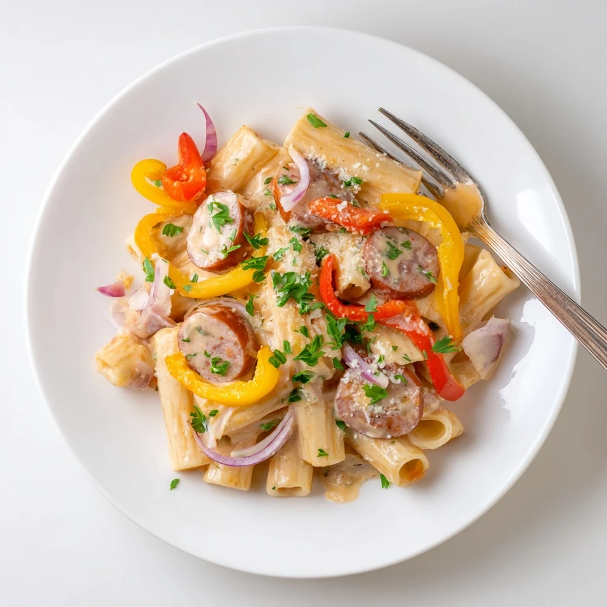 Creamy Cajun sausage pasta tossed with colorful bell peppers in a rich spiced sauce