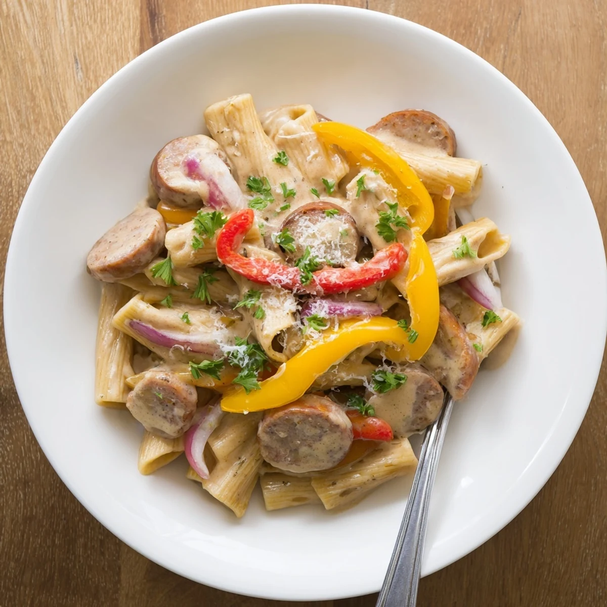 Bowl of spicy Cajun sausage pasta with sliced smoked sausage and tender penne noodles