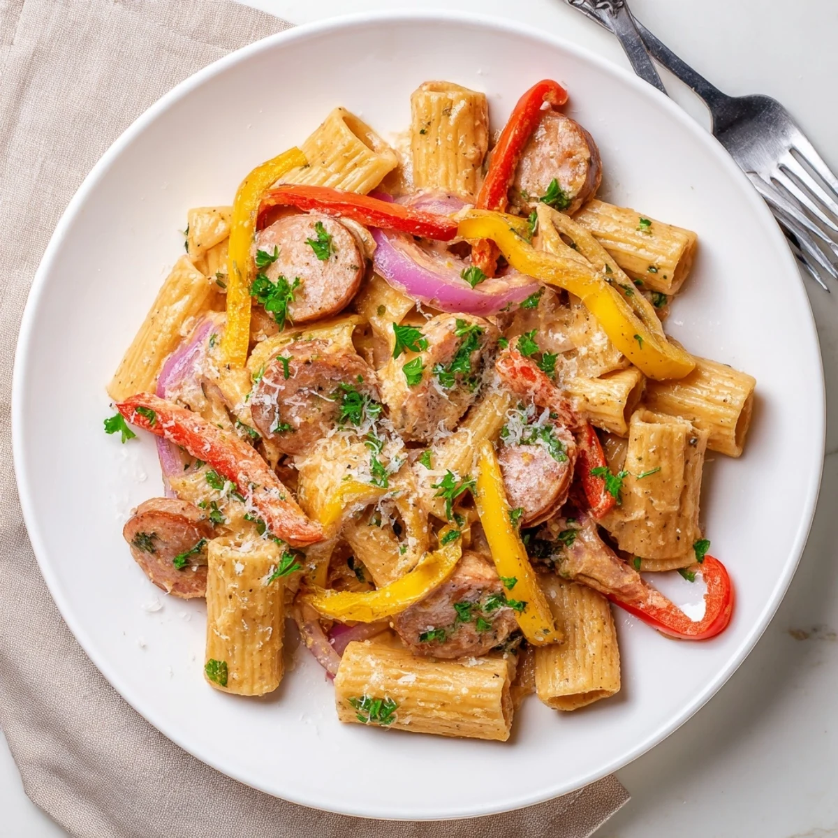 Cajun sausage pasta dish featuring creamy Parmesan sauce with red and yellow peppers