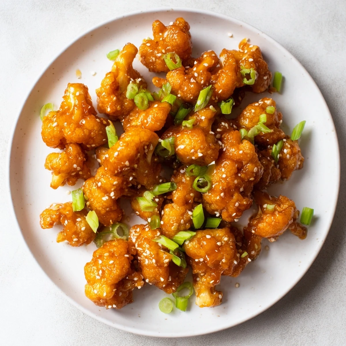 Crispy baked cauliflower florets tossed in thick honey garlic sauce topped with fresh green onions