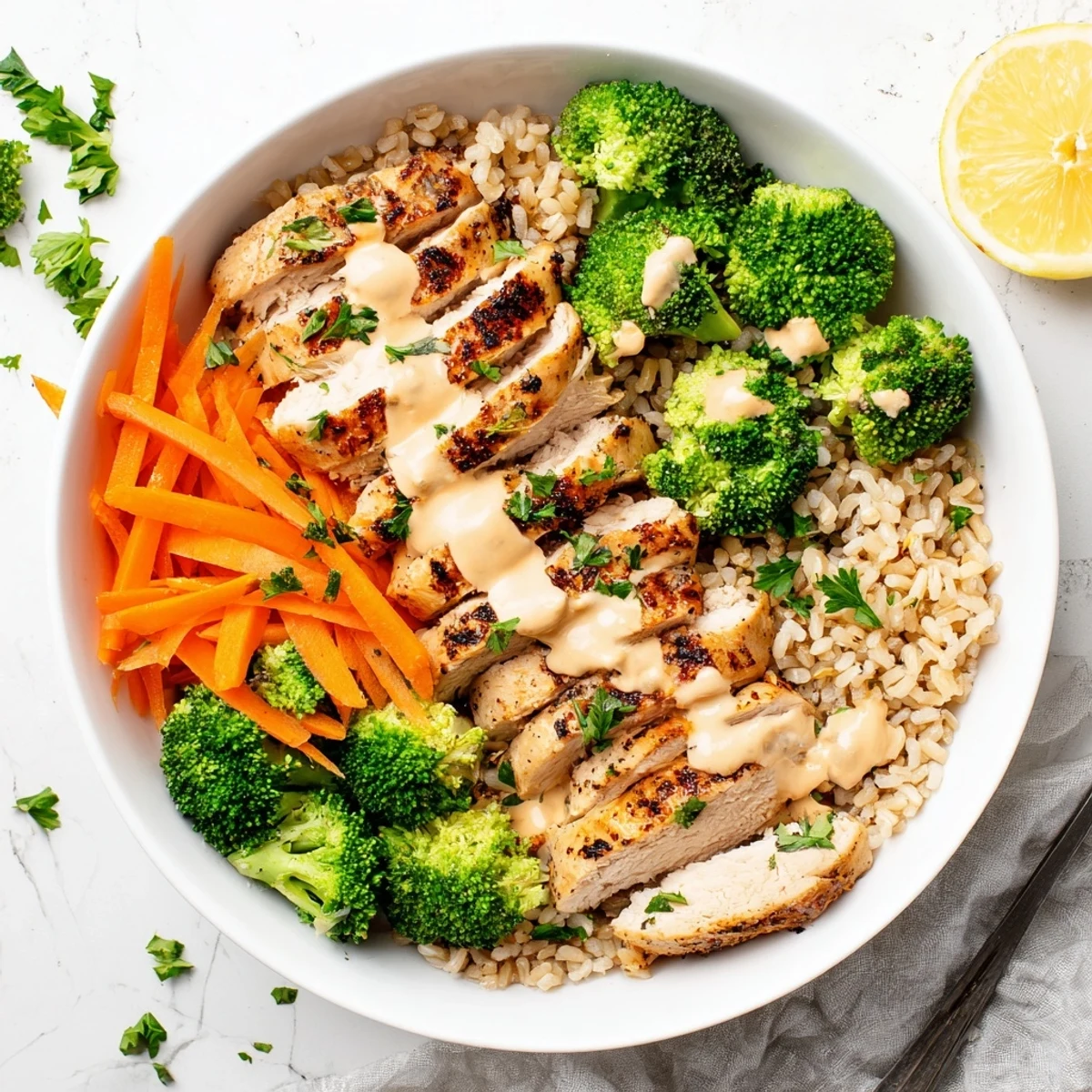 Healthy grilled chicken broccoli bowl featuring tender spiced chicken, steamed vegetables, and luscious garlic yogurt sauce garnished with lemon
